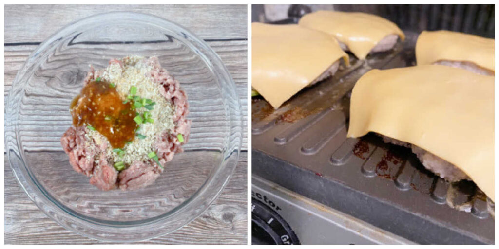 Two image collage - left image is ingredients for burgers mixed together in a glass bowl. Right image is the burgers on a indoor grill after cheese slices have been added.