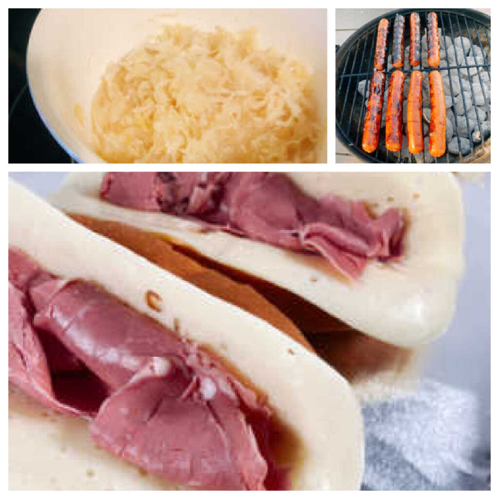 collage of the cooking process; heating the sauerkraut, grilling the hot dogs and melting assembling the hot dogs.