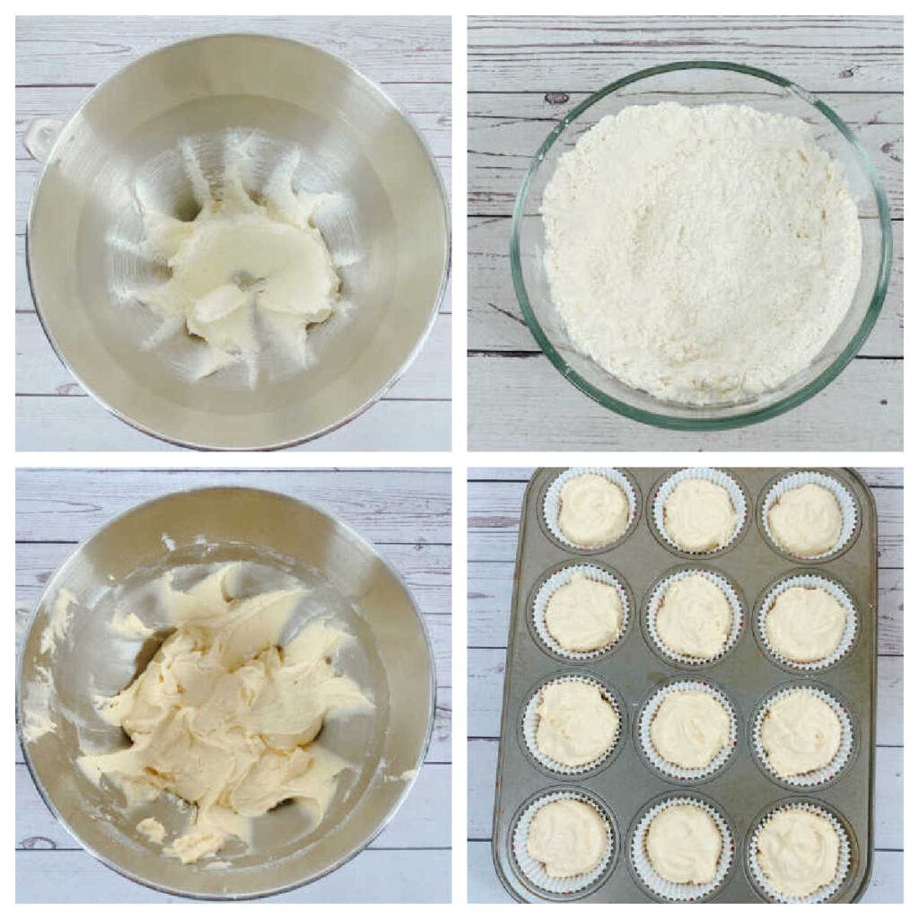 4 image collage of the steps to prepare the batter of the cupcakes. 