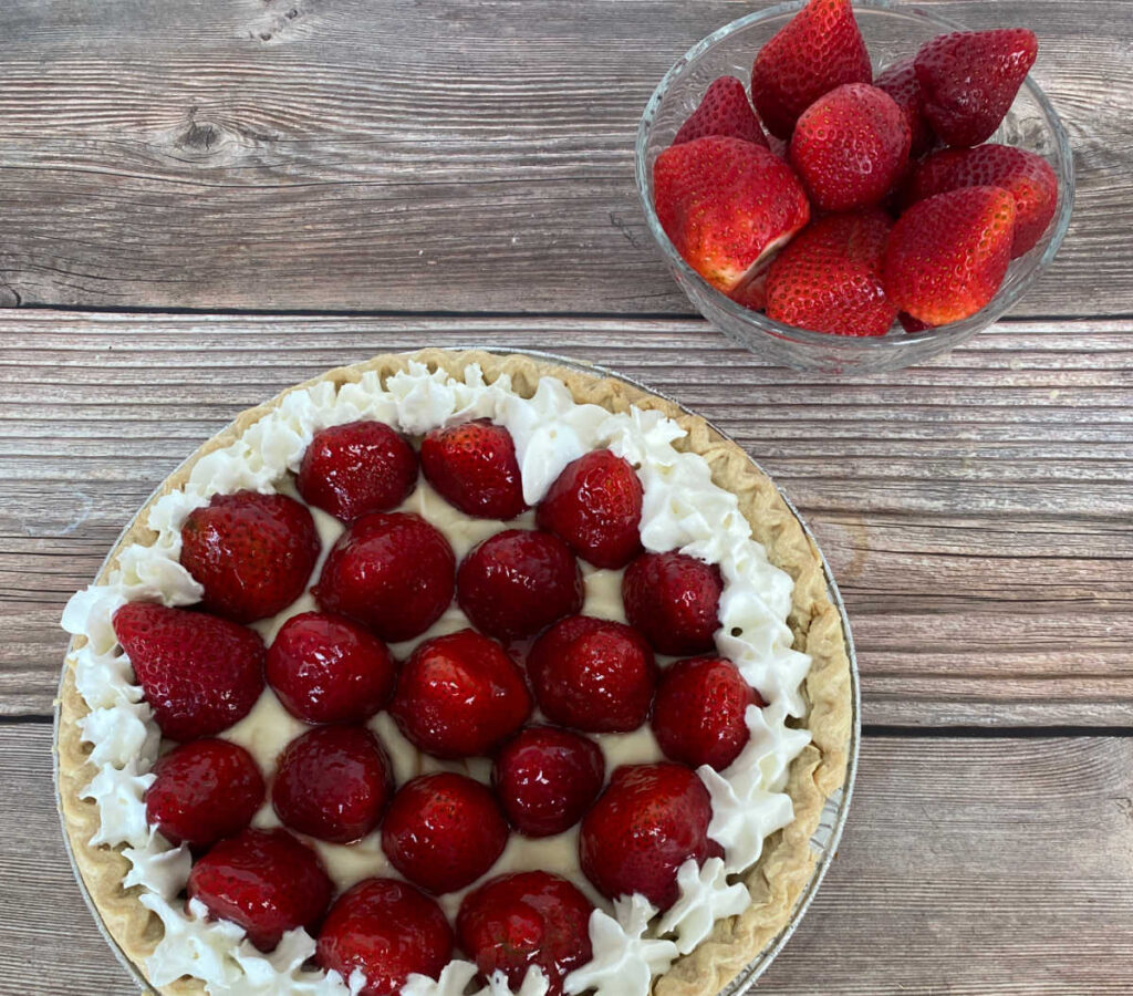 overhead shot of the pie sitting on a wooden background