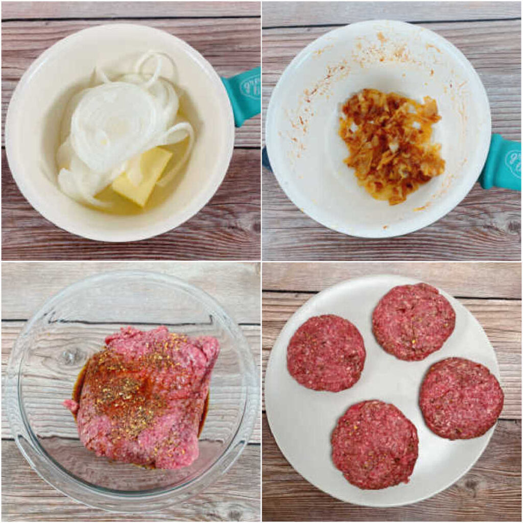 four image collage of the steps to make the burgers. 