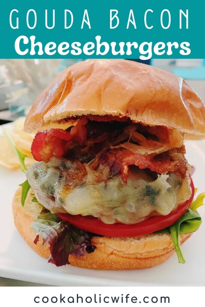 Image for pinterest with title of recipe as text overlay at the top. Close up of burger sitting on a white plate. 