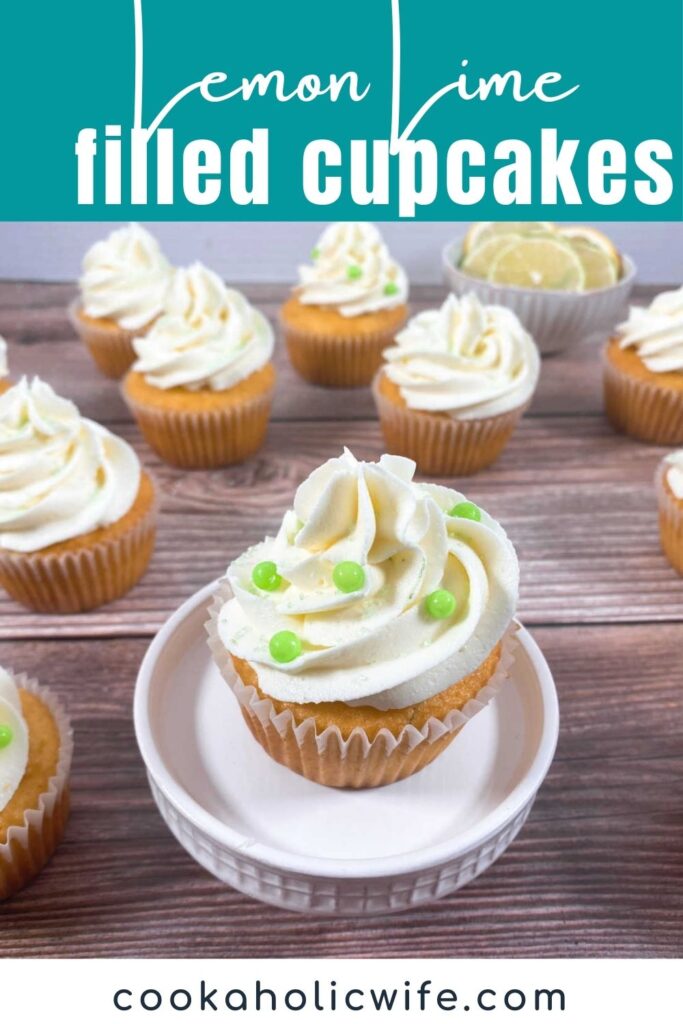 image for pinterest with recipe title at top. Cupcakes decorated with green sprinkles sit on a white cupcake stand and on a wooden background