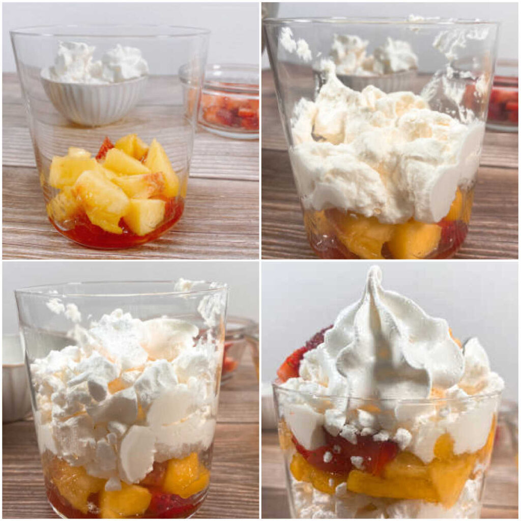 four image collage show the layering steps to making eton mess. 