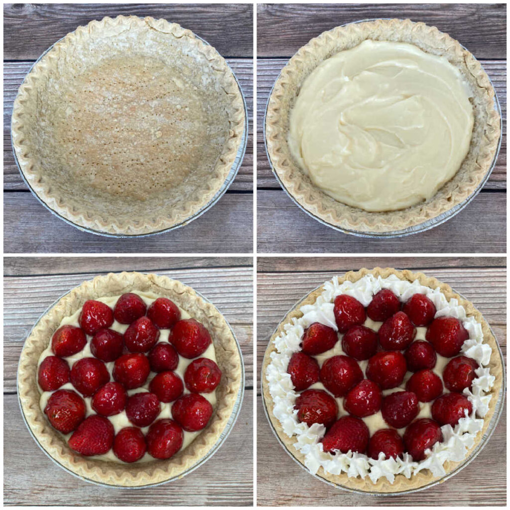 four image collage of the steps to make the pie; baking the shell, filling with pudding, adding the glazed strawberries and decorating with whipped cream