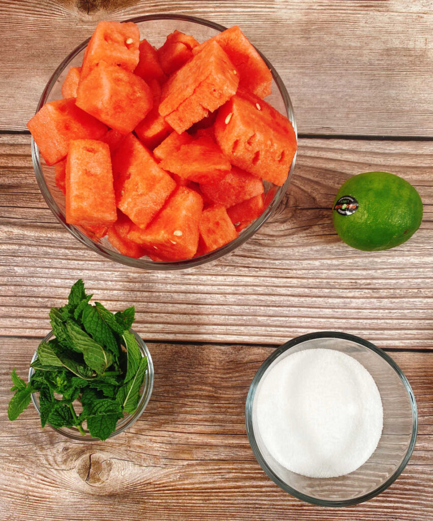 ingredients for the sorbet sit on a wooden background