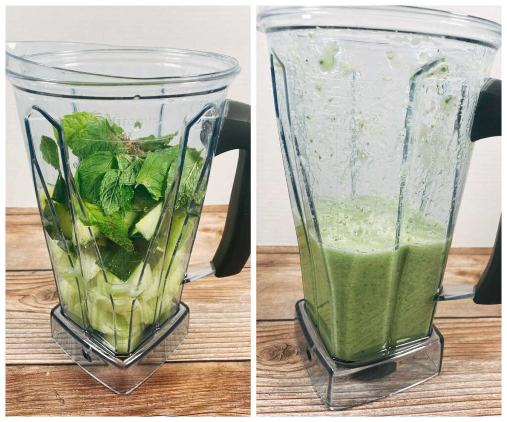 two image collage - left image: all ingredients in a blender. right image: ingredients blended up