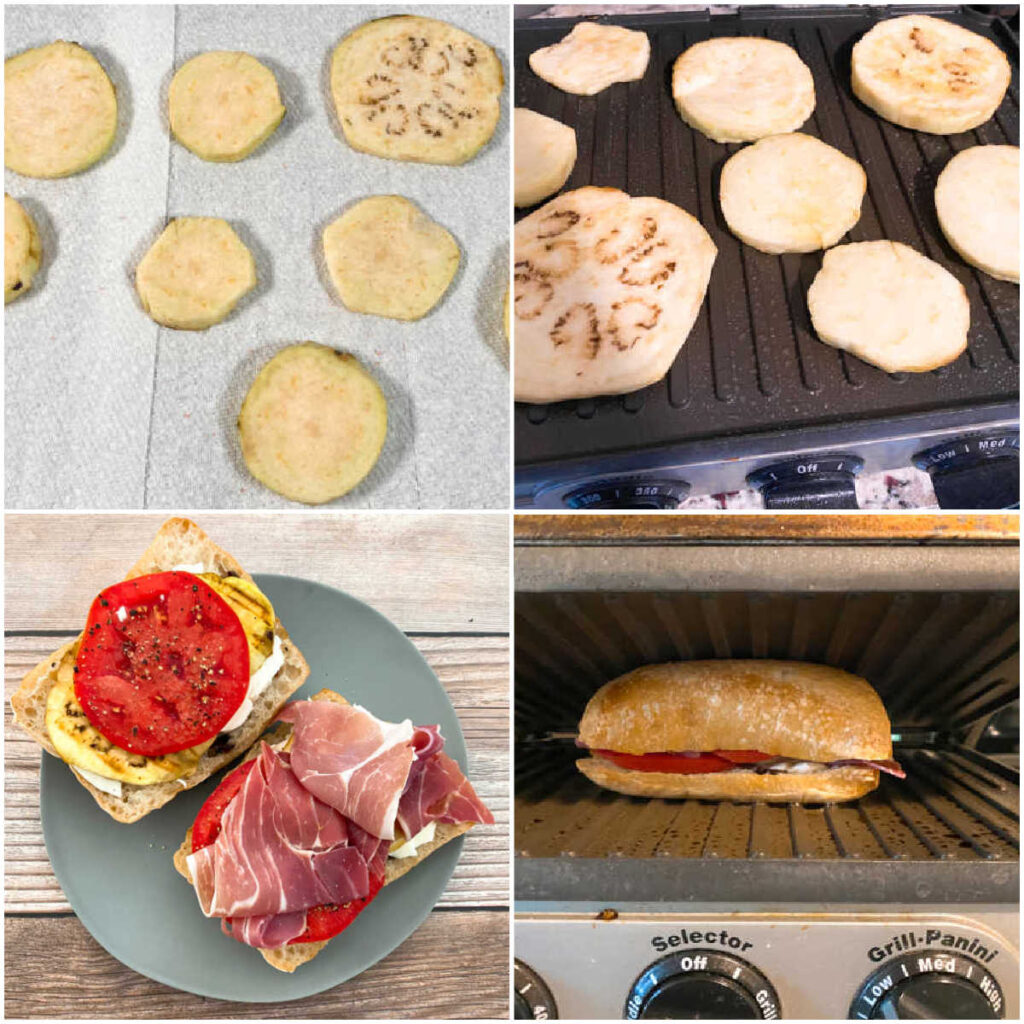 four image collage of the steps to prepare this sandwich. 