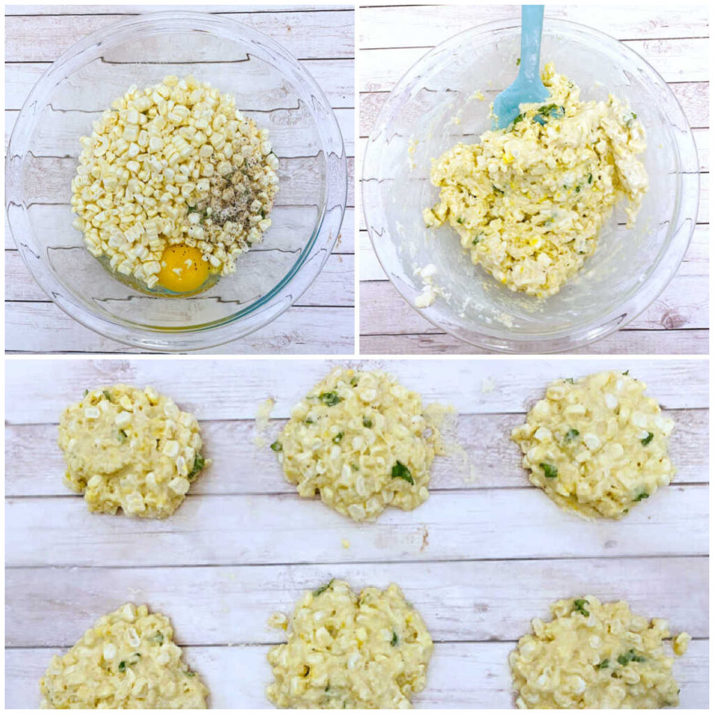 3 image collage of the steps to make the corn fritters, combining the dry ingredients, mixing in the wet and forming the patties. 