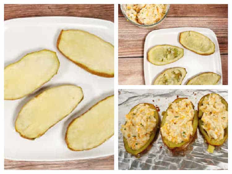 three image collage of the steps to make this recipe. Cooking the potatoes, scooping out the insides and then filling the potatoes for their second bake.