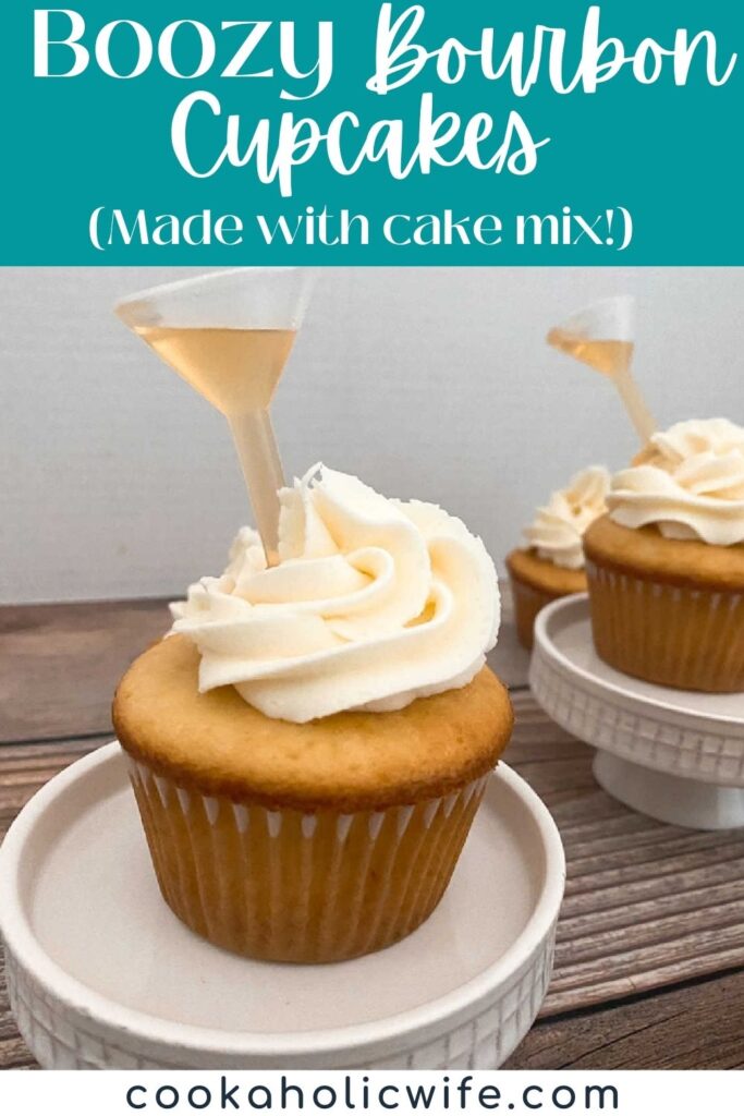 Image for Pinterest with text overlay of recipe title at the top. Close up image of the cupcake on a white cupcake stand. 