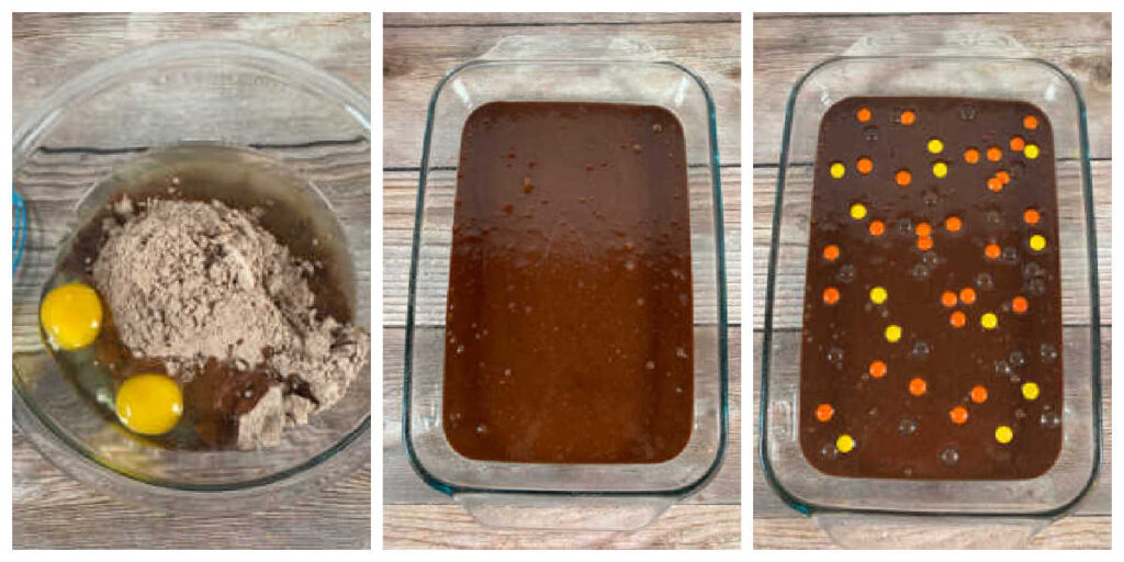 process shot collage, showing the steps to prepare the brownies for baking. 