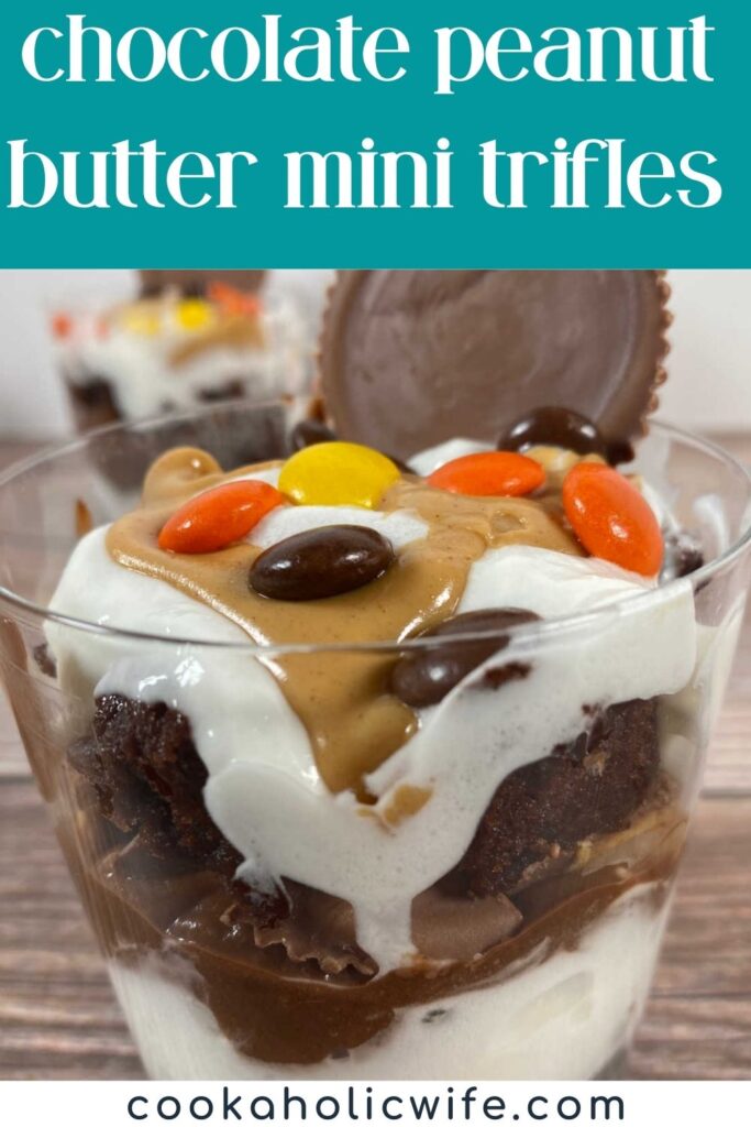 Image for Pinterest with text overlay of recipe title at top. Close up image of trifle to show the layers and candies on top.