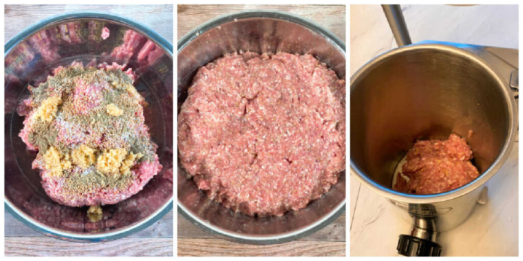 three image collage of the first steps of making the sausage; adding the ingredients, mixing the meat, adding the mixture to the sausage maker.