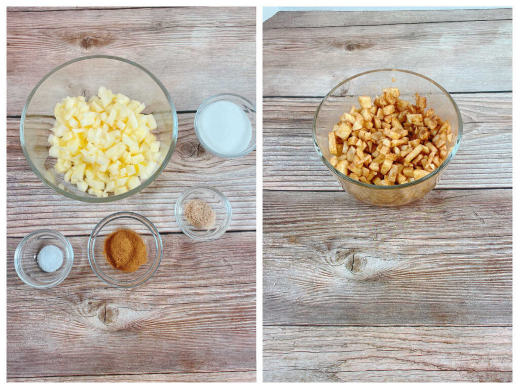 process shots, showing the diced up apple and then it mixed with the other ingredients. 