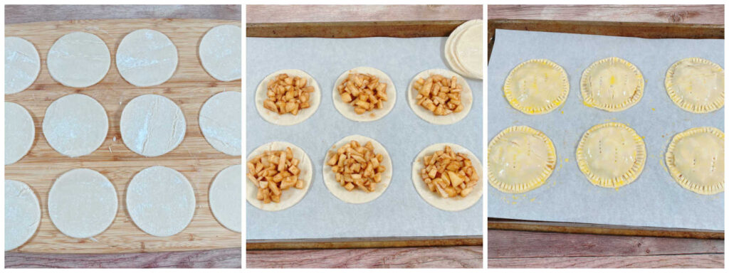 process shot collage showing cutting out the pie dough rounds, filling them and sealing them before baking. 