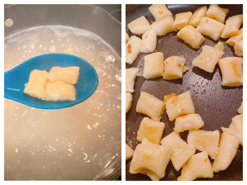 Process Shots - two image collage. First image is gnocchi being lifted from the boiling water. Second image is gnocchi pan frying. 