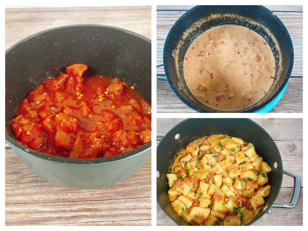 Process Shot Collage - tomatoes and salt in a saucepan, saucepan after vodka and cream has been added, and finally the image of the gnocchi tossed in the sauce, still in the saucepan. 