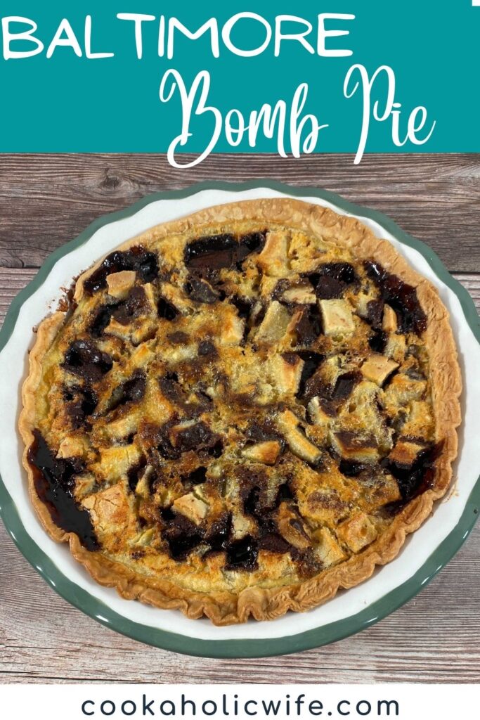 Image for Pinterest with text overlay of recipe title at top. Baked pie sits on a wooden background. 