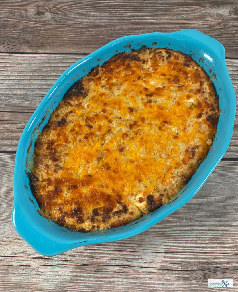 close up image of baked crab dip. 