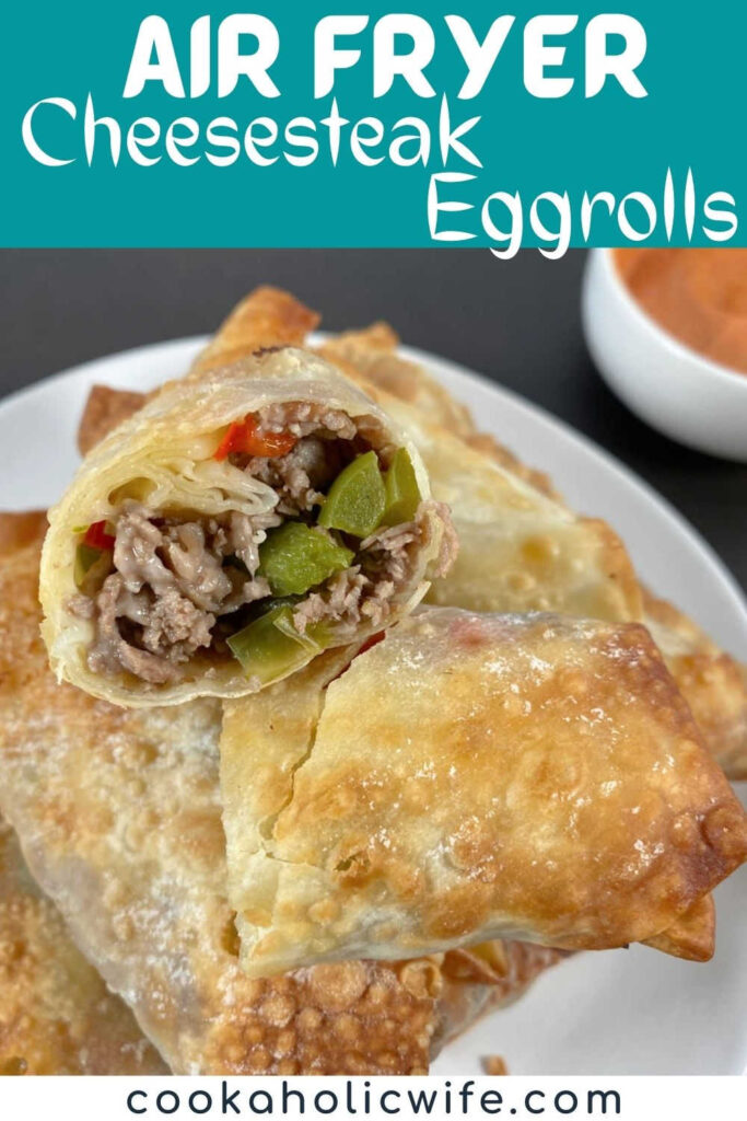 Image for pinterest with recipe title text overlay. Halved egg rolls shows the filling inside, stacked on a pile of egg rolls. 