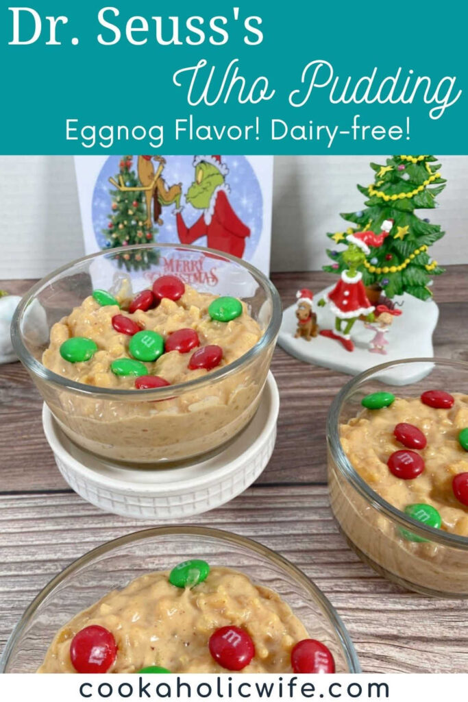 Image for Pinterest with recipe title in text overlay at top. Rice pudding sits in glass bowls, decorated with candies and Grinch decor surrounds it. 