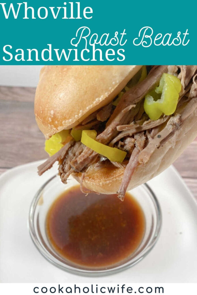 Image for Pinterest with recipe title text overlay at top. Sandwich is hovering above a bowl of gravy waiting to be dipped. 