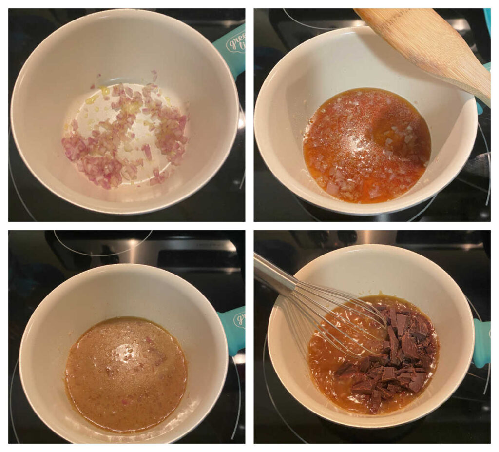 Four image process shot of the steps to make the chocolate sauce. 