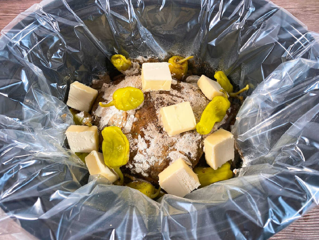 Process shot - roast and remaining ingredients in the slow cooker. 