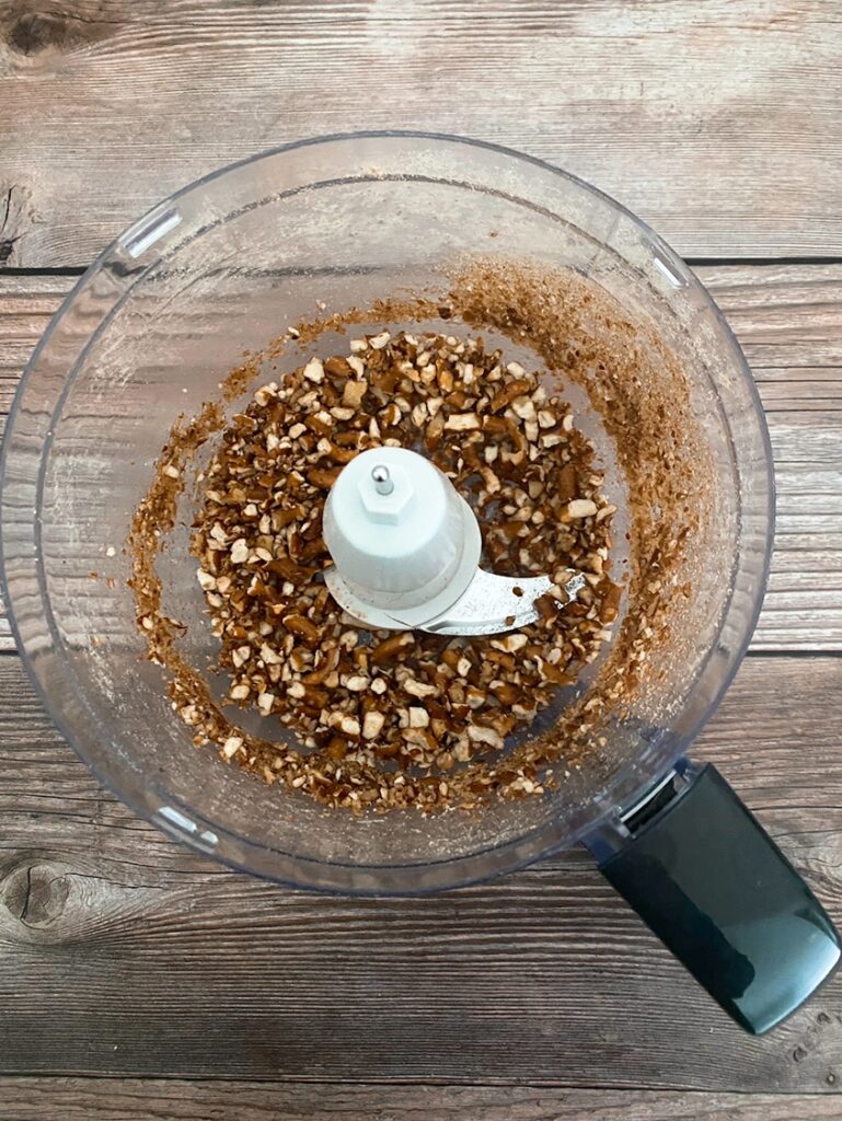 Process shot - crushed pretzels in a food processor. 