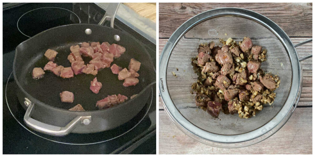 process shots - steak cooking in skillet and steak added to filling ingredients. 