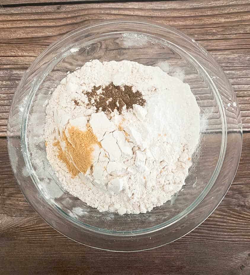 Process shot - dry ingredients in a glass bowl. 