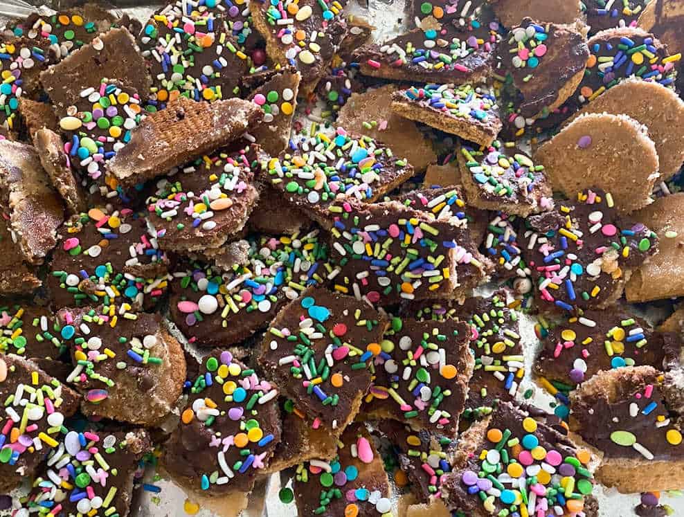 Easter Candy Crack Bars sits on a baking sheet. 