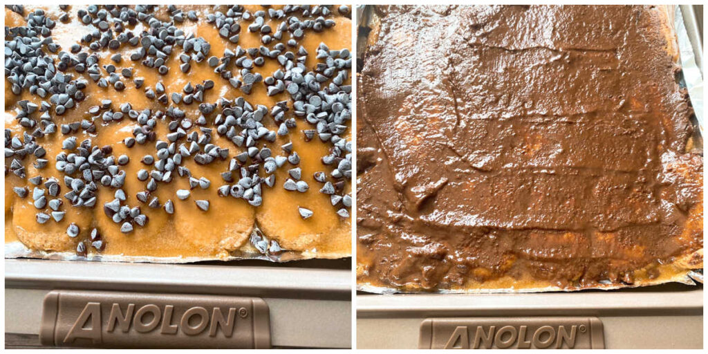 Process shots - chocolate chips on top of graham crackers, then melted chocolate chips spread over graham crackers. 