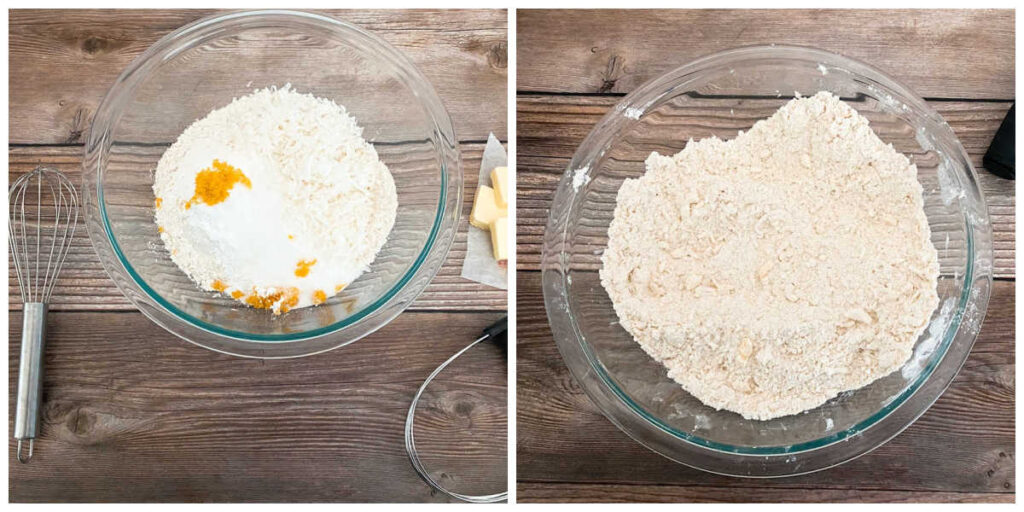 Process shots - dry ingredients sitting in a glass bowl, then the dry ingredients after the butter has been cut in. 