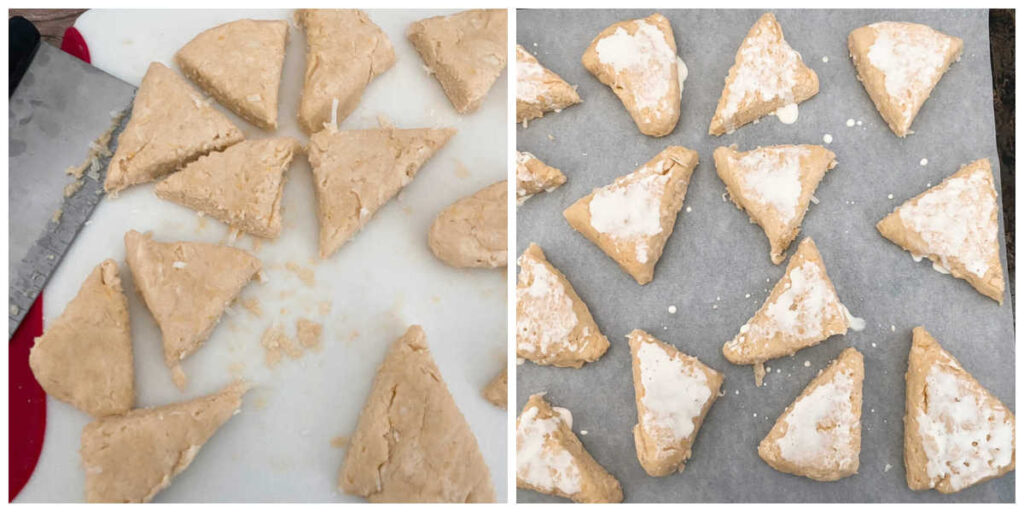 Process shots - dough cut into scones on a cutting board and then scones on a baking sheet brushed with heavy cream. 