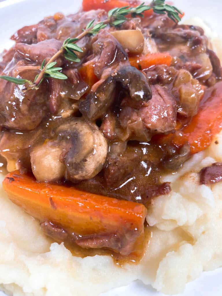 Close up image of stew on a bed of mashed potatoes. 