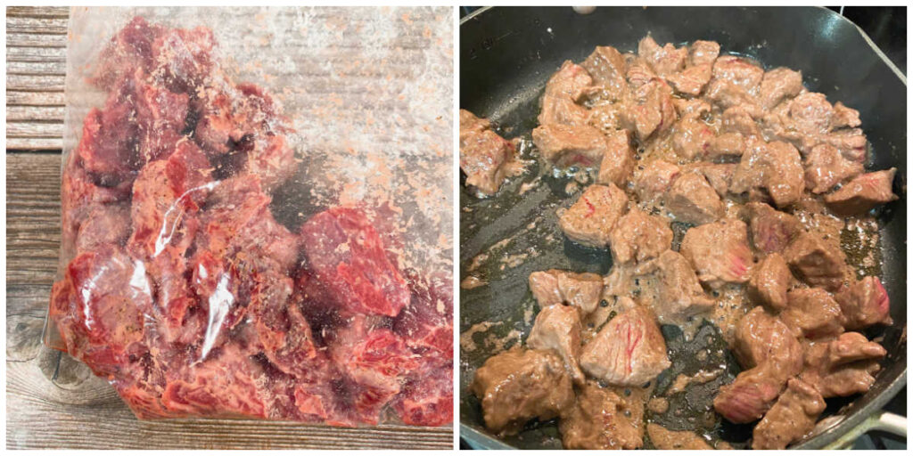 Process shots - beef cubes tossed in flour and beef cubes cooking in a skillet. 