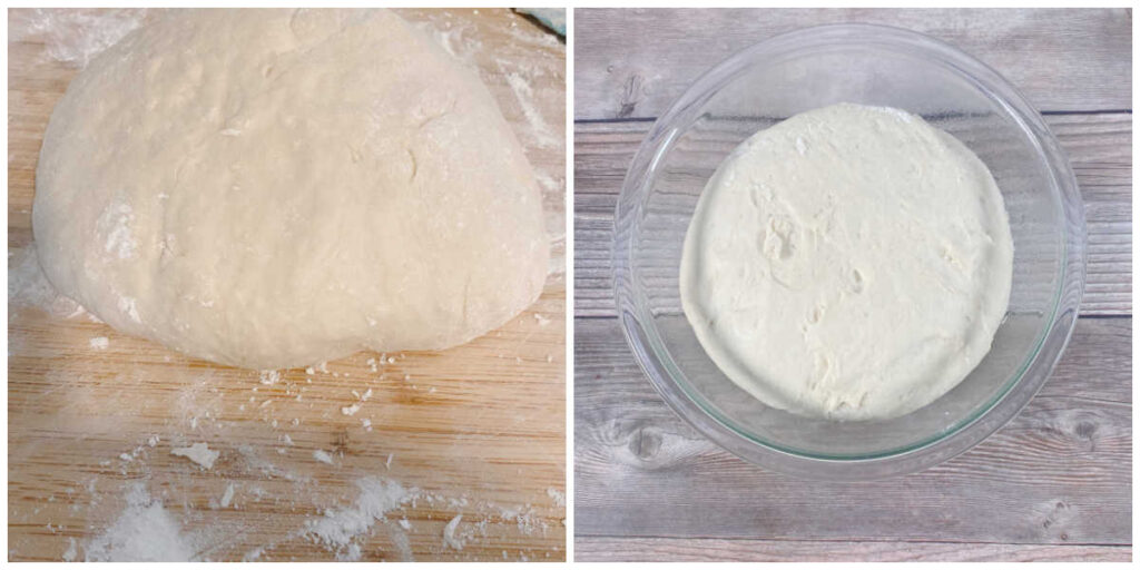 Process Shot collage - dough kneaded on a floured cutting board and dough proofing in a glass bowl. 