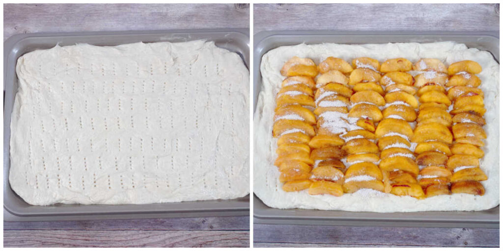 Process shot collage - dough in pan, pricked with fork and dough with peaches layered on, ready to be baked. 