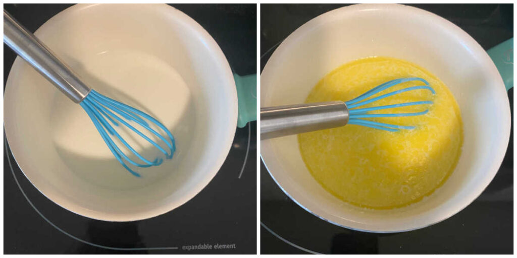 Process Shot collage - milk simmering in a saucepan and milk with remaining wet ingredients added in. 