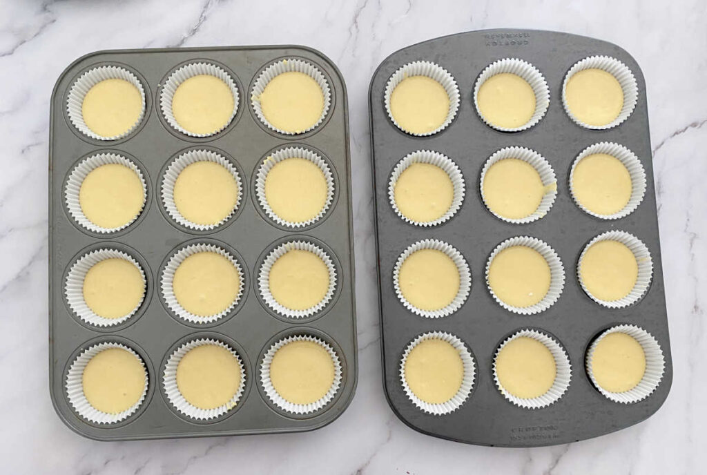 Process shot - cake batter in cupcake pan ready to be baked 