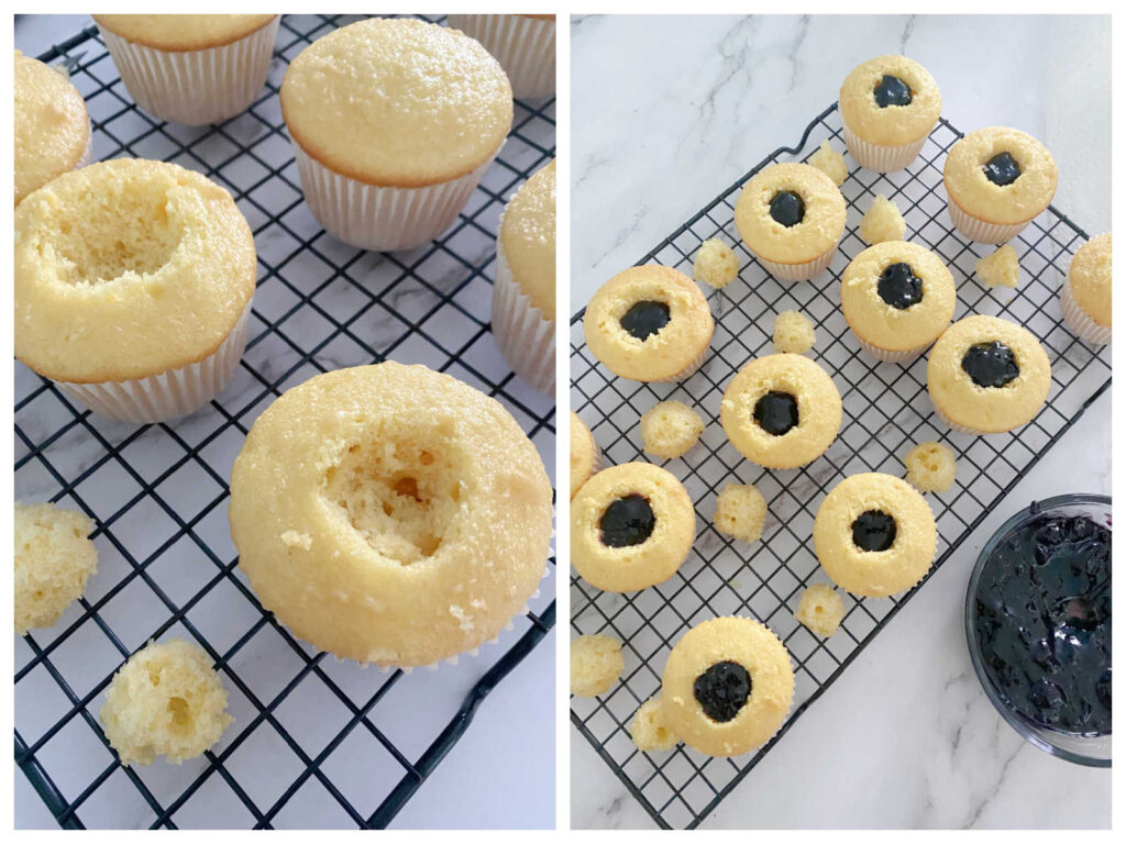 process shot - centers of cupcakes cut out, cupcakes filled with blueberry jam. 