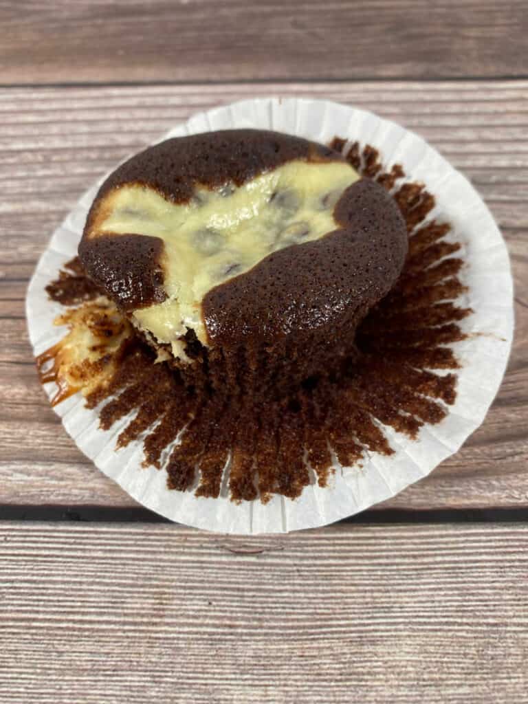 close up image of a cupcake sitting on its removed wrapper.