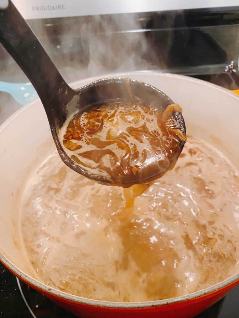 Ladle of soup being held above the pot. 