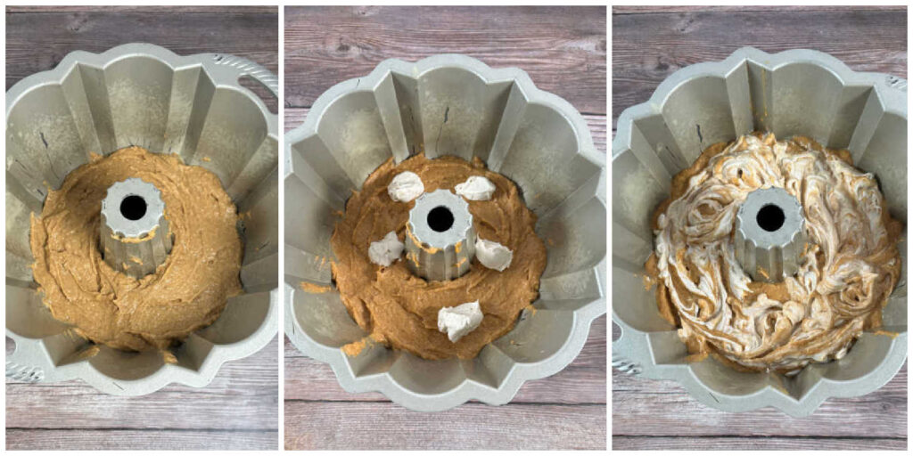 Collage image showing batter in bowl, cream cheese being added and then being swirled in. 