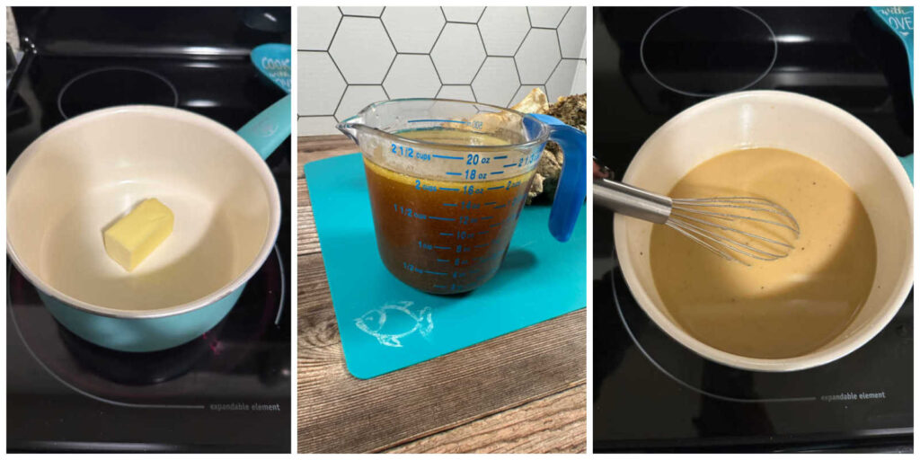 Three image process shot - butter melting in saucepan, cooking liquids in measuring cup, prepared gravy in saucepan on stove. 