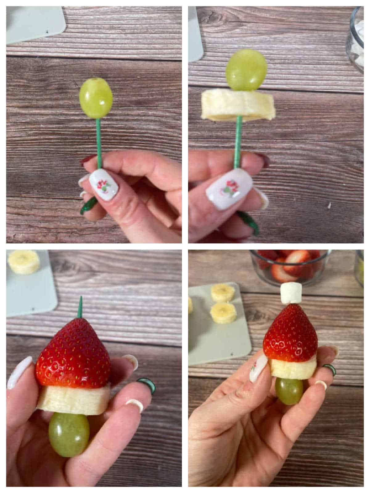 Four image collage showing the assembly of the Grinch Santa Fruit Skewer.