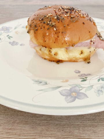 Side view of slider on a white, floral plate.