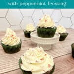 Image for Pinterest with text overlay - cupcakes on wooden background and stands.